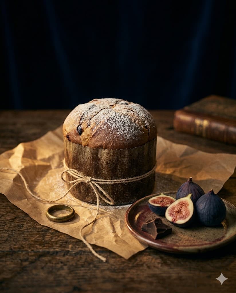 Panettone artisanal sur papier kraft, ambiance chaleureuse